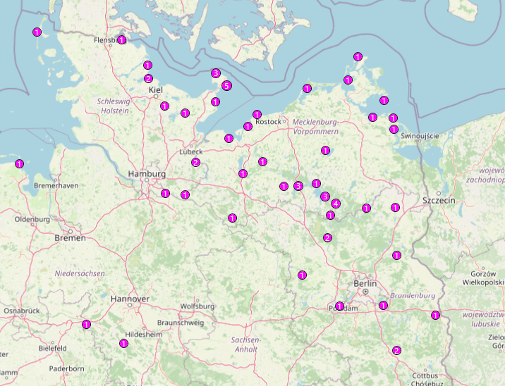 Interaktive Kartenansicht in Contene. Entitäten mit Geo-Positionen werden als Punkte angezeigt.