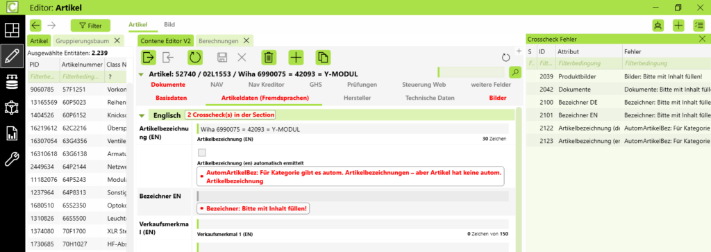 Editor‑Ansicht in Contene mit Artikelstammdaten und aktivem Crosscheck‑Panel: fehlende automatische Artikelbezeichnung, leere Bezeichner‑Felder und Validierungsfehler zu Bildern und Dokumenten werden angezeigt.