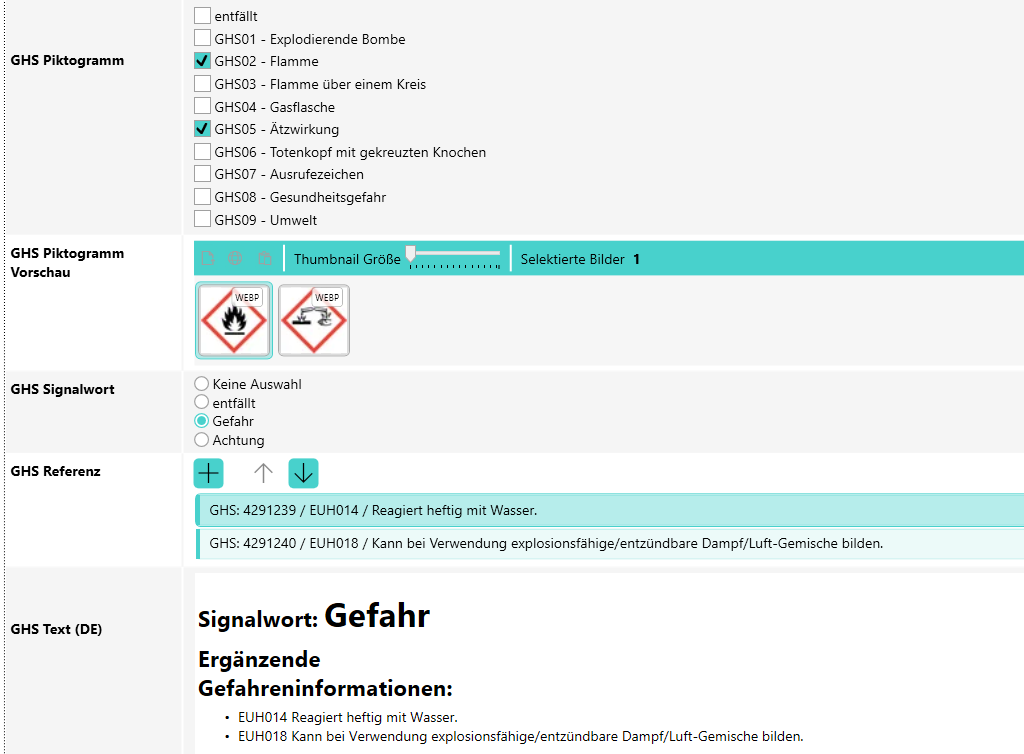 Automatisch generierter GHS Text im PIM