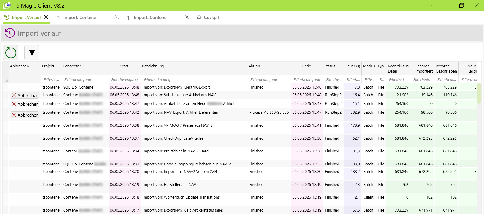 Import‑Verlauf im ETL‑Modul mit Status, Dauer und verarbeiteten Datensätzen