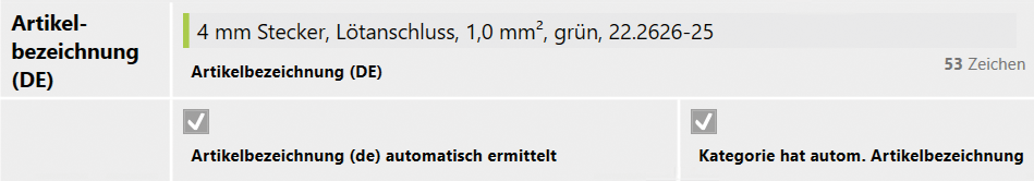 Automatisch generierte Artikelbezeichnung im PIM-System: Produktname wird aus Attributen wie Größe, Anschluss, Durchmesser und Farbe regelbasiert zusammengesetzt
