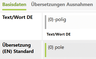 örterbuchbasierte Übersetzung im PIM mit Platzhaltern: Regel „{0}-polig“ wird automatisch in „{0} pole“ übersetzt und auf unterschiedliche Zahlenwerte angewendet